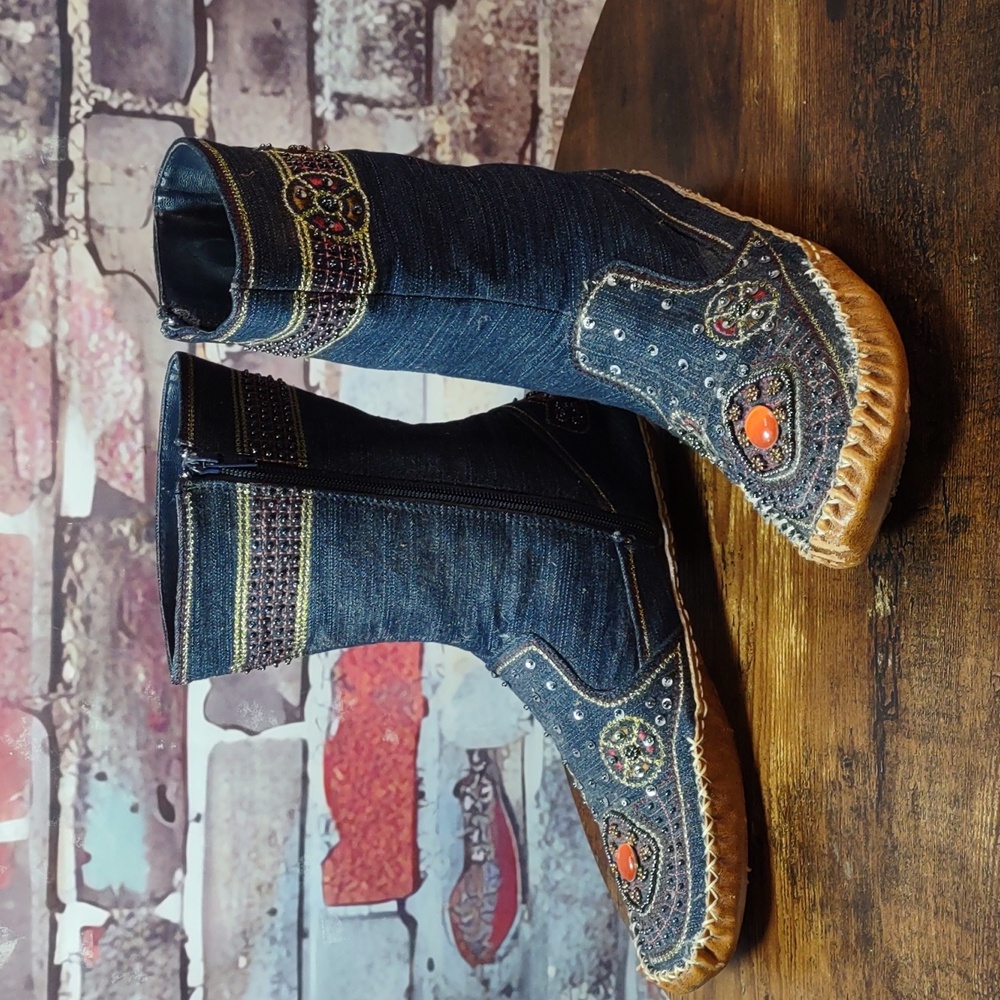 Bamboo Embellished Denim Moccasin Style Ankle Boots - Picture 4 of 16